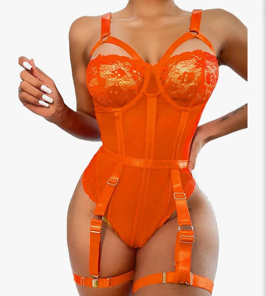 Lace & Skull Strappy Teddy - Sunset Orange